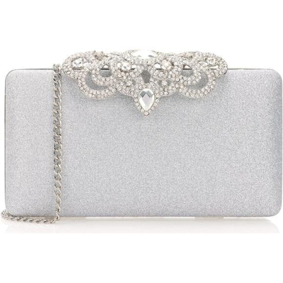 Clutch Bag with Crystal Crown Clasp Silver - Picture 1 of 6